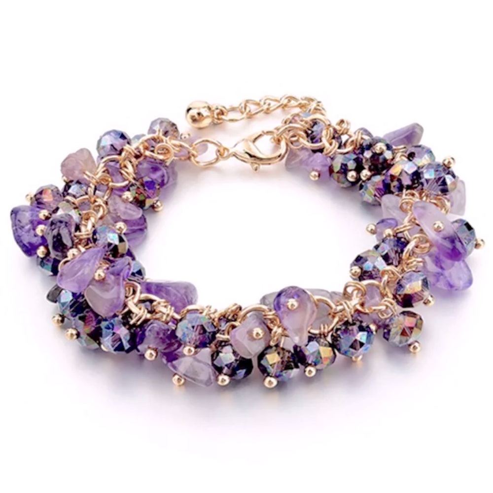 Amethyst Chip & Austrian Crystal Beads Gold Bracelet